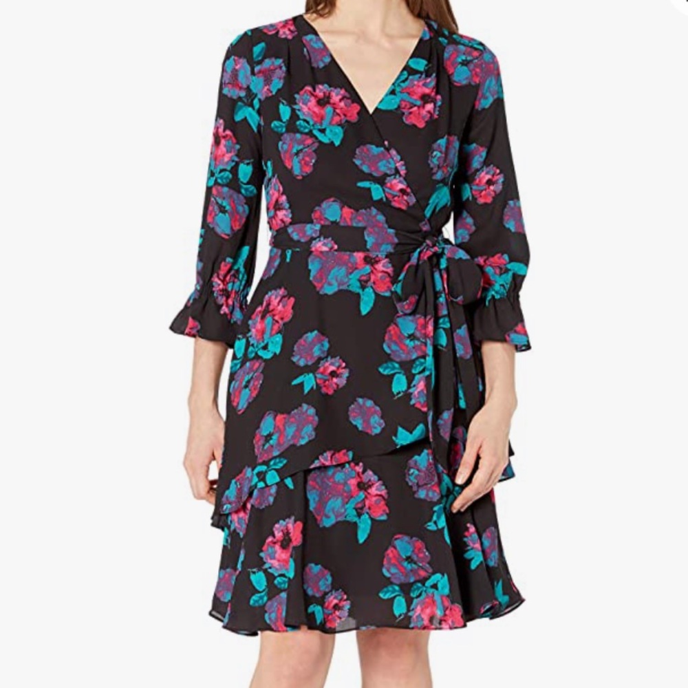 Tahari Black Floral Wrap Dress with Pink & Teal Accents